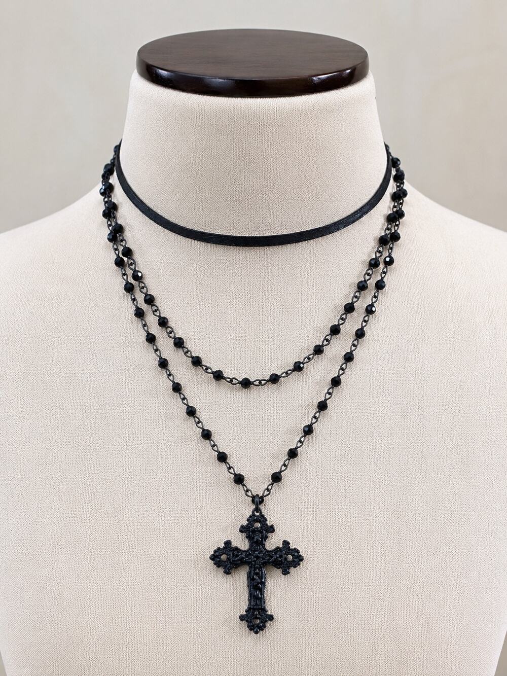 2pcs Gothic Dark Crystal Beaded Cross Pendant Necklace Multi-Layered Dark Fairy